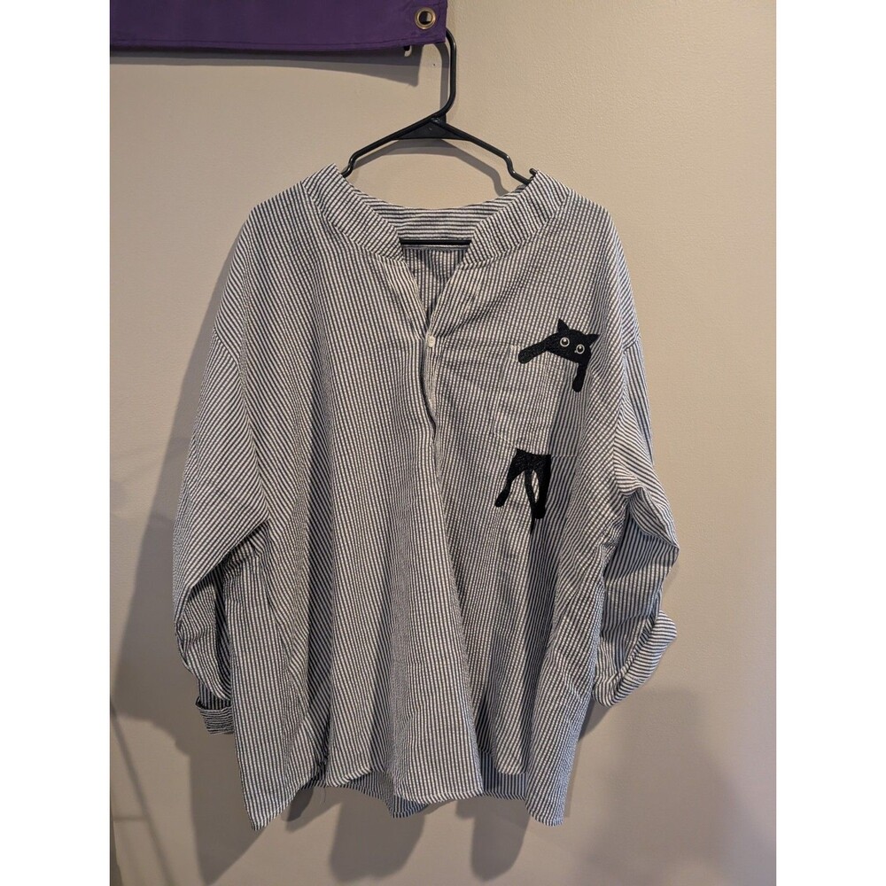 Cat Pocket Womens 4x Blue White Seersucker Blouse Tunic Kitten Feline Grandma